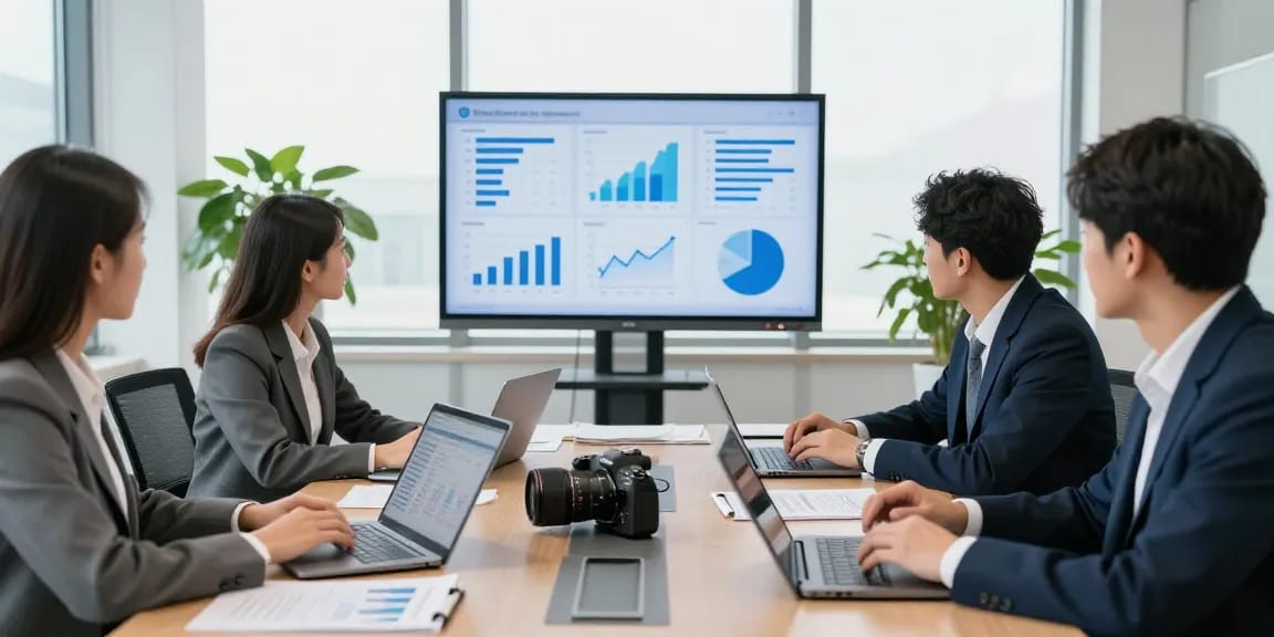 Gestion des opérations de digital banking avec des professionnels analysant des données financières dans une salle de conférence moderne.
