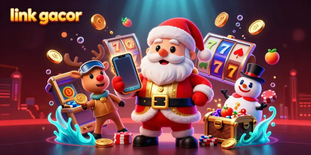 Experience the excitement of link gacor with cartoon Santa and his companions enjoying jackpot slots in a vibrant casino.