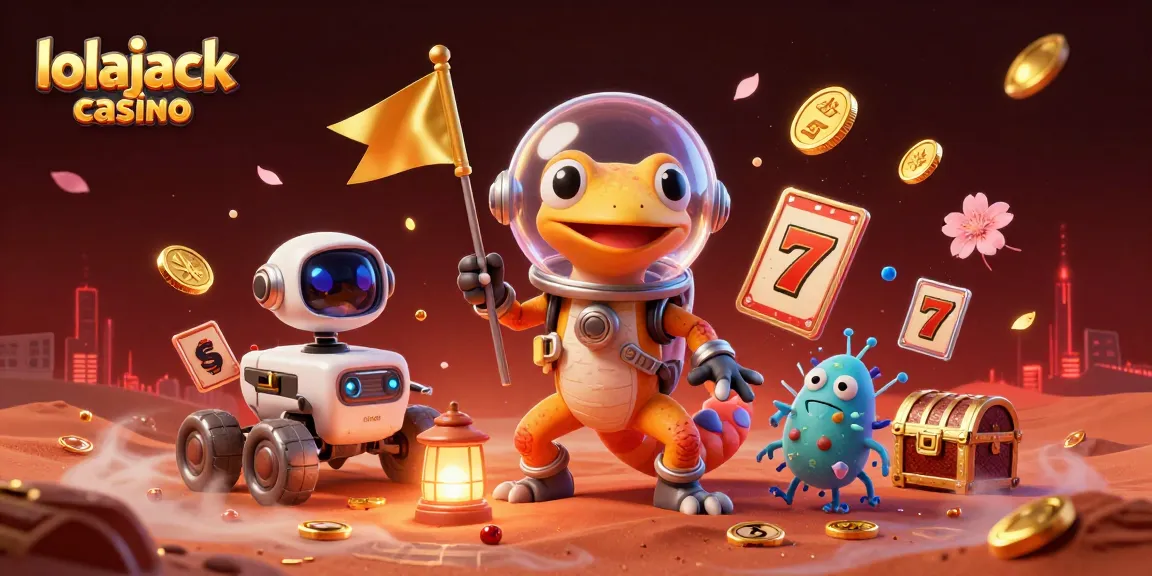 Experience fun at lolajack casino with a 3D cartoon Martian gecko exploring a golden casino atmosphere.