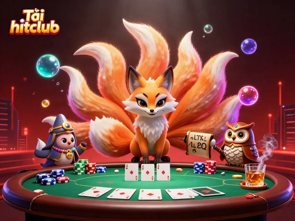 Tải hitclub featuring a colorful nine-tailed fox spirit, owl sage, poker table, and vibrant casino elements.