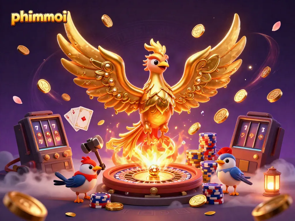 Experience thrilling gaming with phimmoi's dynamic 3D casino scene showcasing molten gold and exciting elements.
