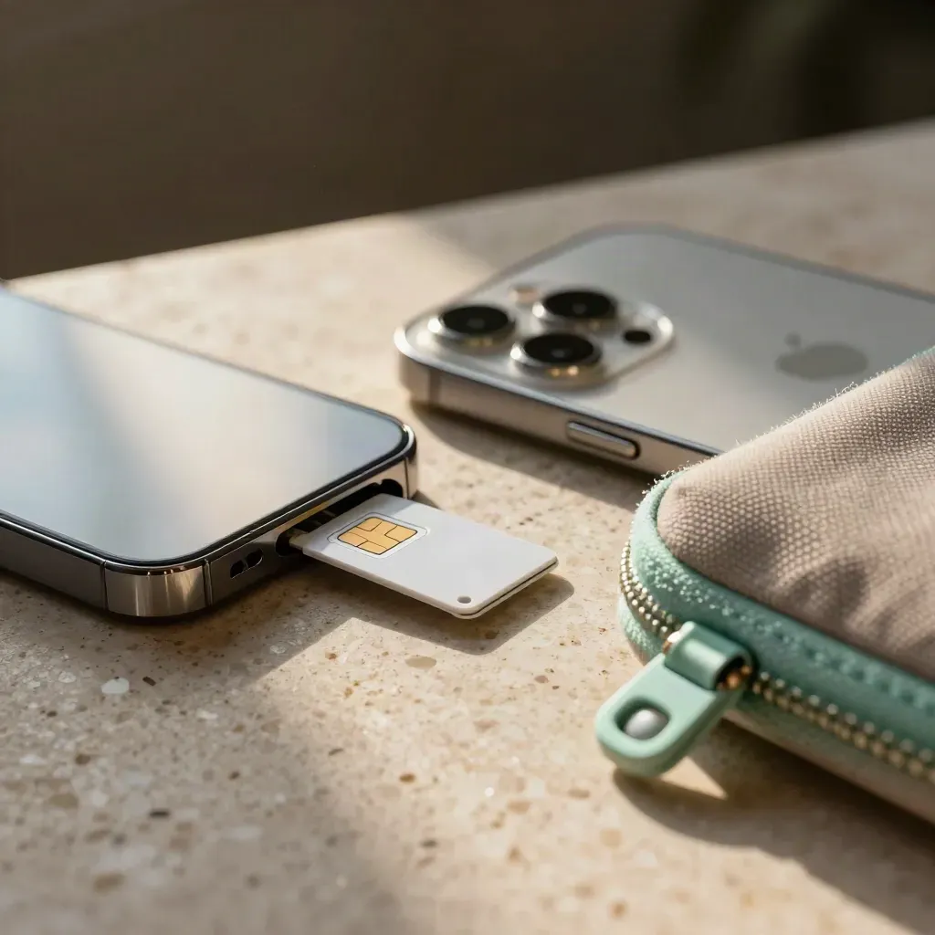 Twee smartphones met simtray, adapterkaart en reisetui op travertin in dramatisch licht.
