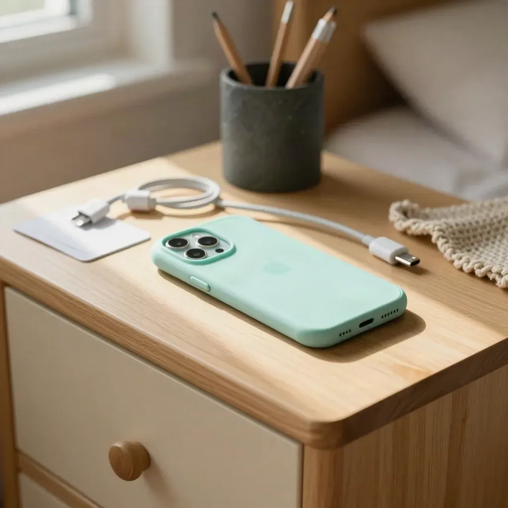 Compacte telefoon in mint case op een kinderkamerbureau met kabel en kaartje in ochtendlicht