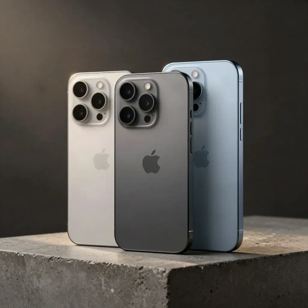 Drie smartphones in grijs, zilver en lichtblauw op een betonnen plint in zachte nevel.