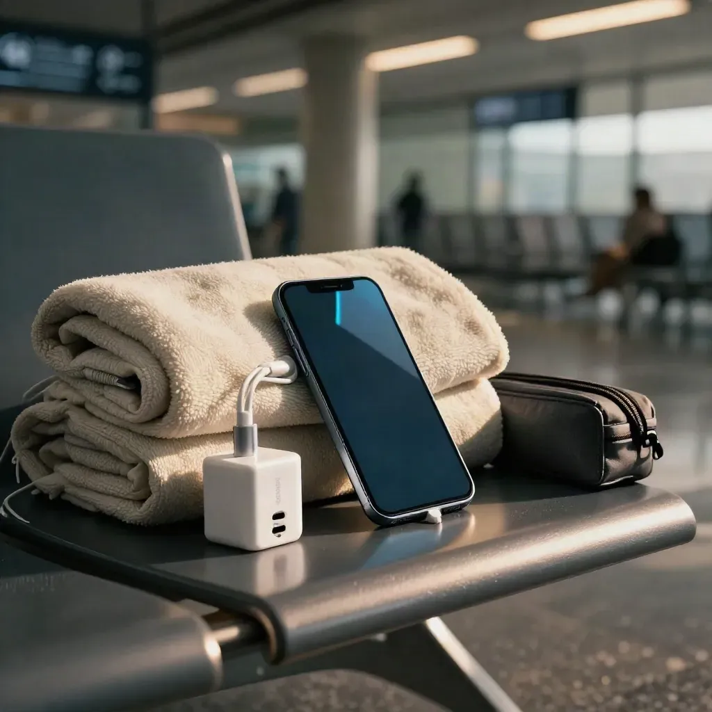Smartphone met reisadapter, compacte oplader en reisetui op een donkere luchthavenbank.