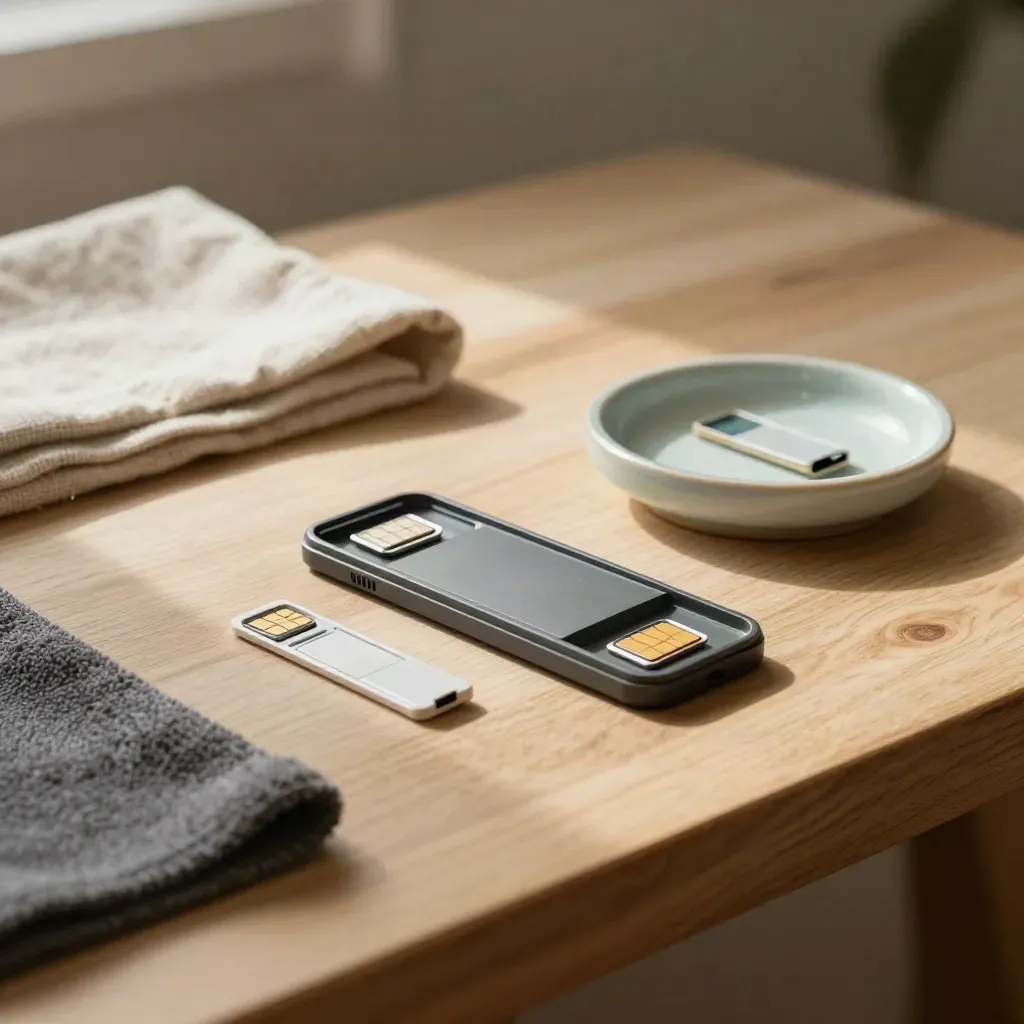 Nano-sim tray en adapter naast een schaaltje op hout, zacht licht en stofnevel.