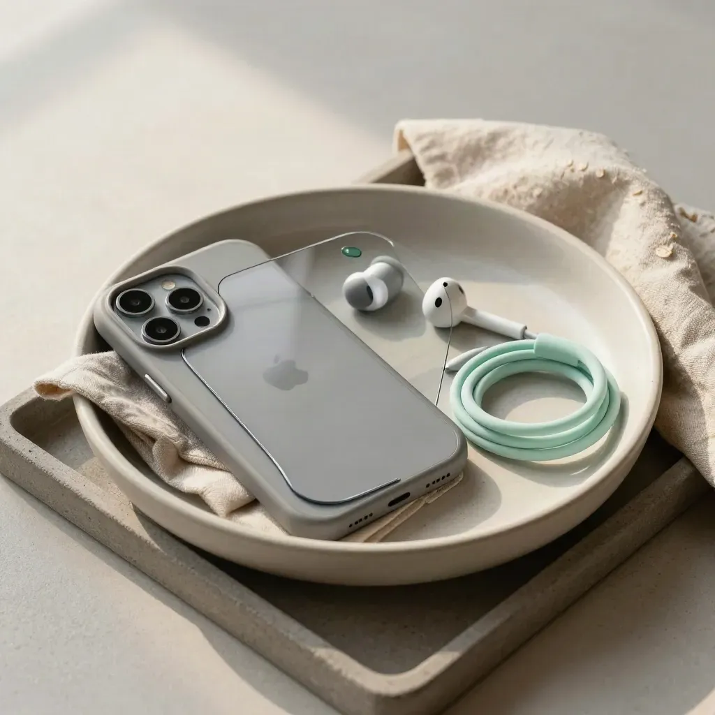 Accessoires voor smartphones in een keramische schaal: hoes, screenprotector, buds en kabel.