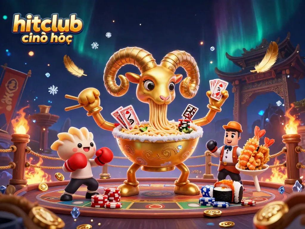 Hitclub chính thức reveals dynamic casino action with a golden ramen bowl dealer amidst vibrant game elements.