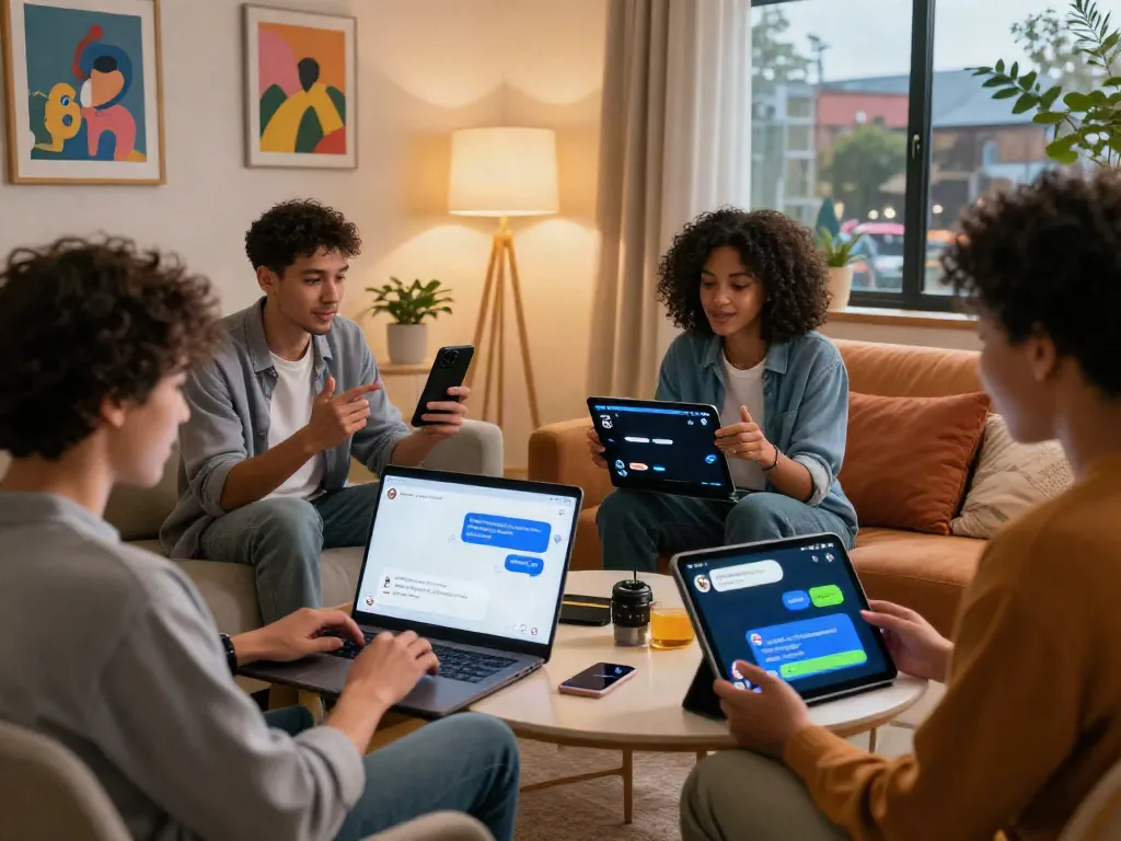 Engaging scene showcasing users interacting with spicy ai chatbots in a cozy living room.
