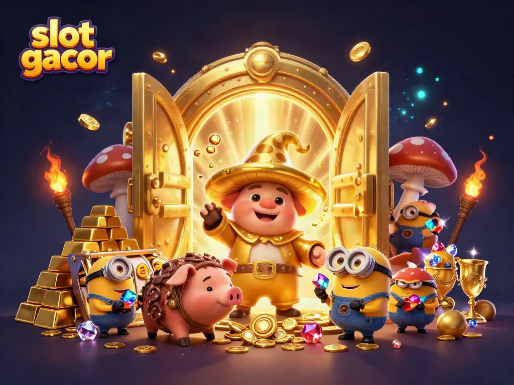 Experience slot gacor wins with the golden wizard, treasure, and slot reels in this dynamic illustration.