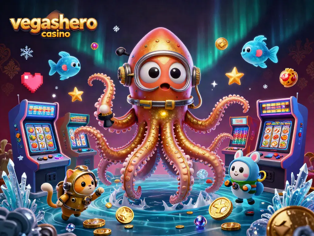 Engage with exciting features at vegashero casino, featuring games, a treasure-hunting kraken, and a diving cat.