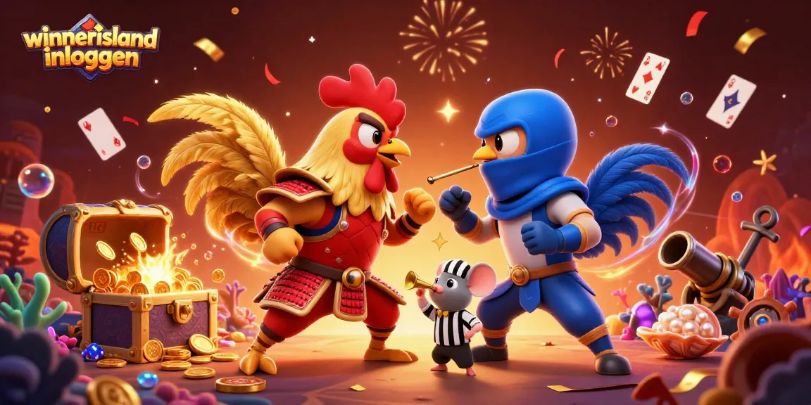 Experience the excitement of winnerisland inloggen with fighting roosters in a vibrant casino scene.