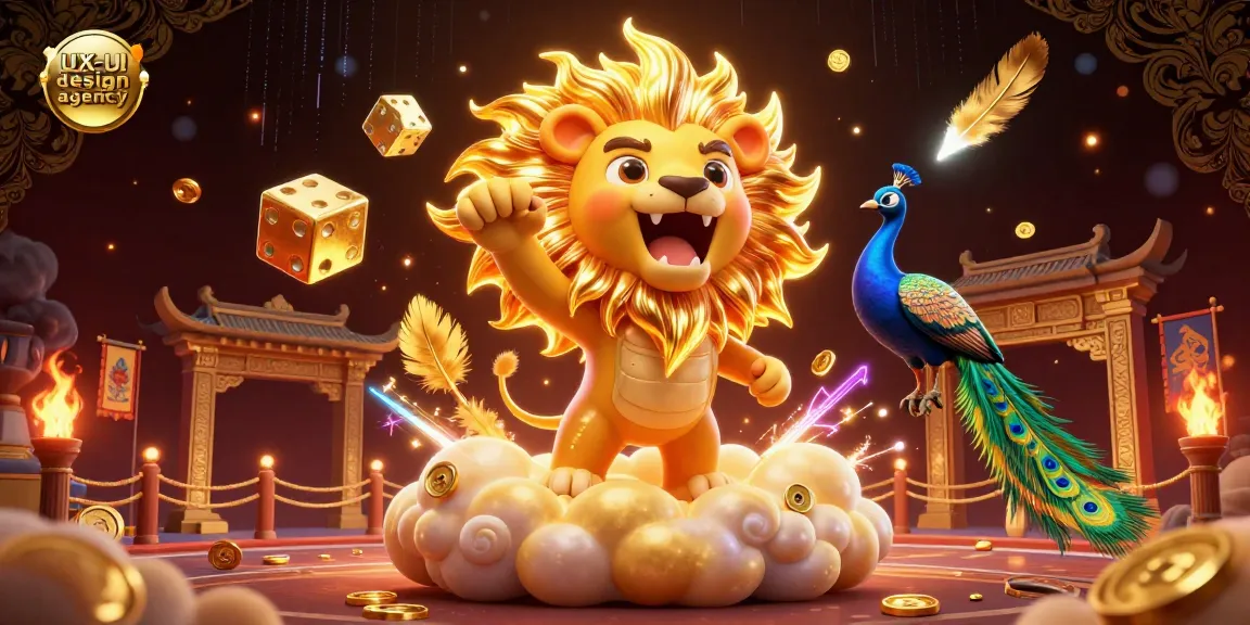 Visually engage with our UX/UI design agency's stunning 3D cartoon sun lion and golden dice illustration.