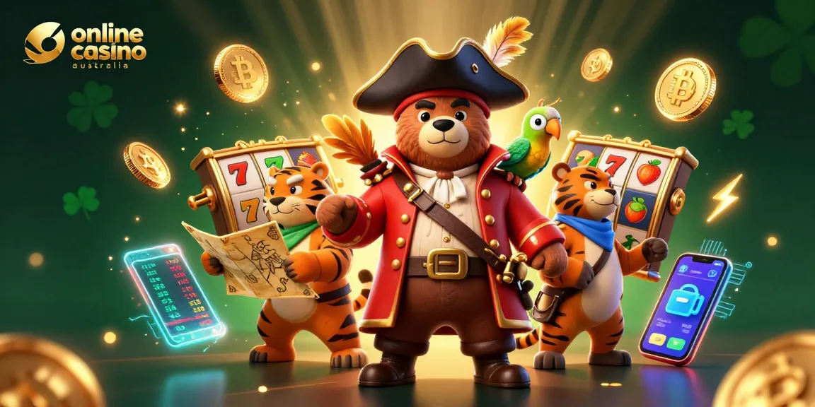 Experience online casino Australia with vibrant slot reels and colorful characters in an action-packed scene.