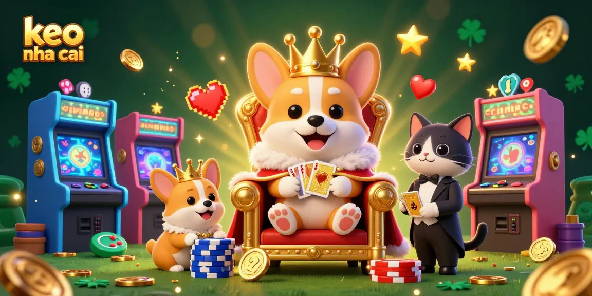Engage with keo nha cai in a vibrant casino scene featuring a royal corgi and arcade games.