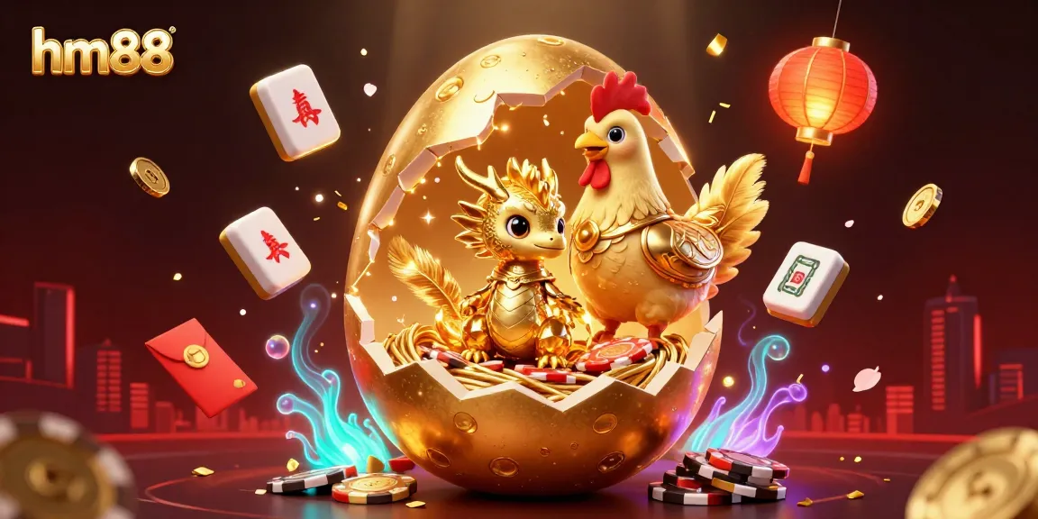 Engage with hm88 by enjoying a dazzling casino scene featuring a golden dragon guarding poker chips amidst vibrant decorations.